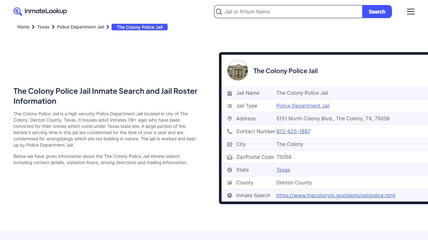 The Colony Police Jail Inmate Search and Jail Roster Information